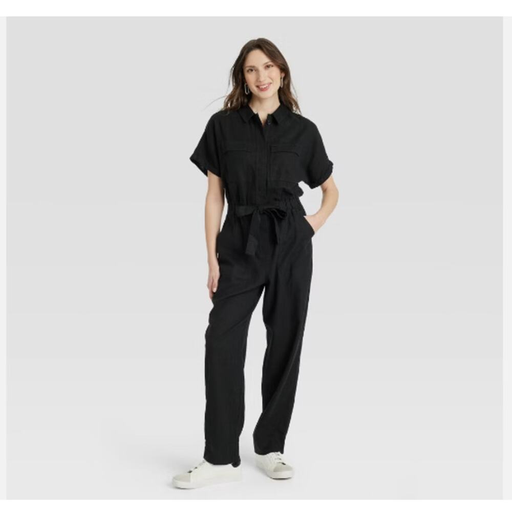 Short Sleeve Linen Boilersuit - Size 0-Universal Thread™ Black Color New